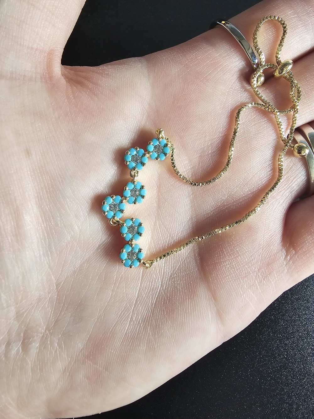 18k Plated Gold Chain Bracelet w/ Turquoise Flower With VVS1 Moissanite Accents.